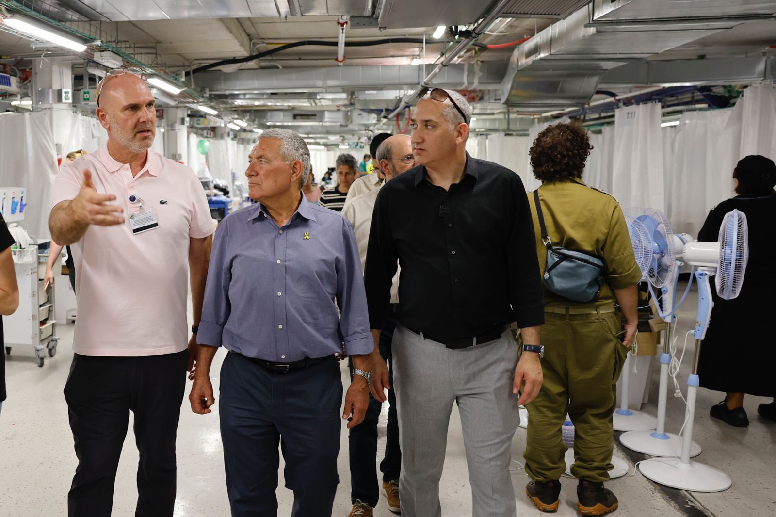 Jewish Agency CEO and Chairman tour the underground hospital established at Sheba Medical Center, together with the Vice President of Global Affairs at the hospital.